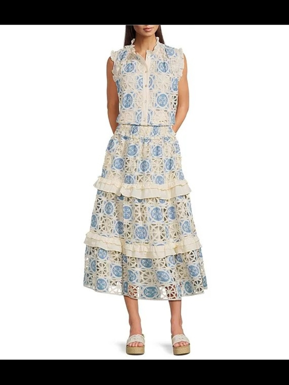 J.Marie Tiered Lace Maxi Skirt in Cream and Blue